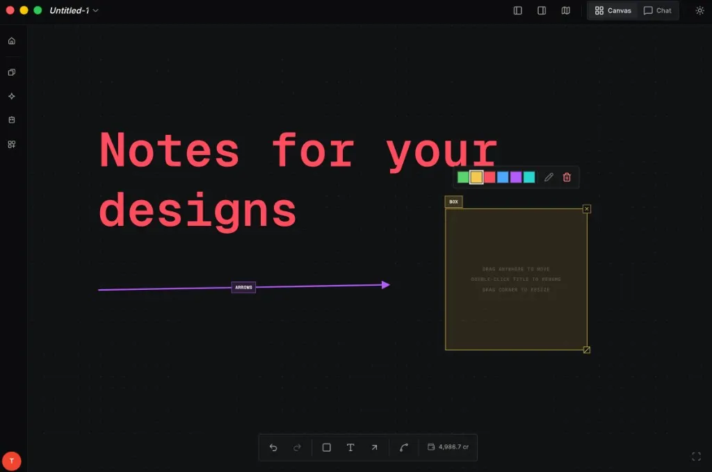 Canvas with notes, labeled arrows, and resizable boxes for design organization.