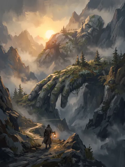 A painting of a lone traveler with a lantern walking toward a giant stone figure in misty mountains, concept art.