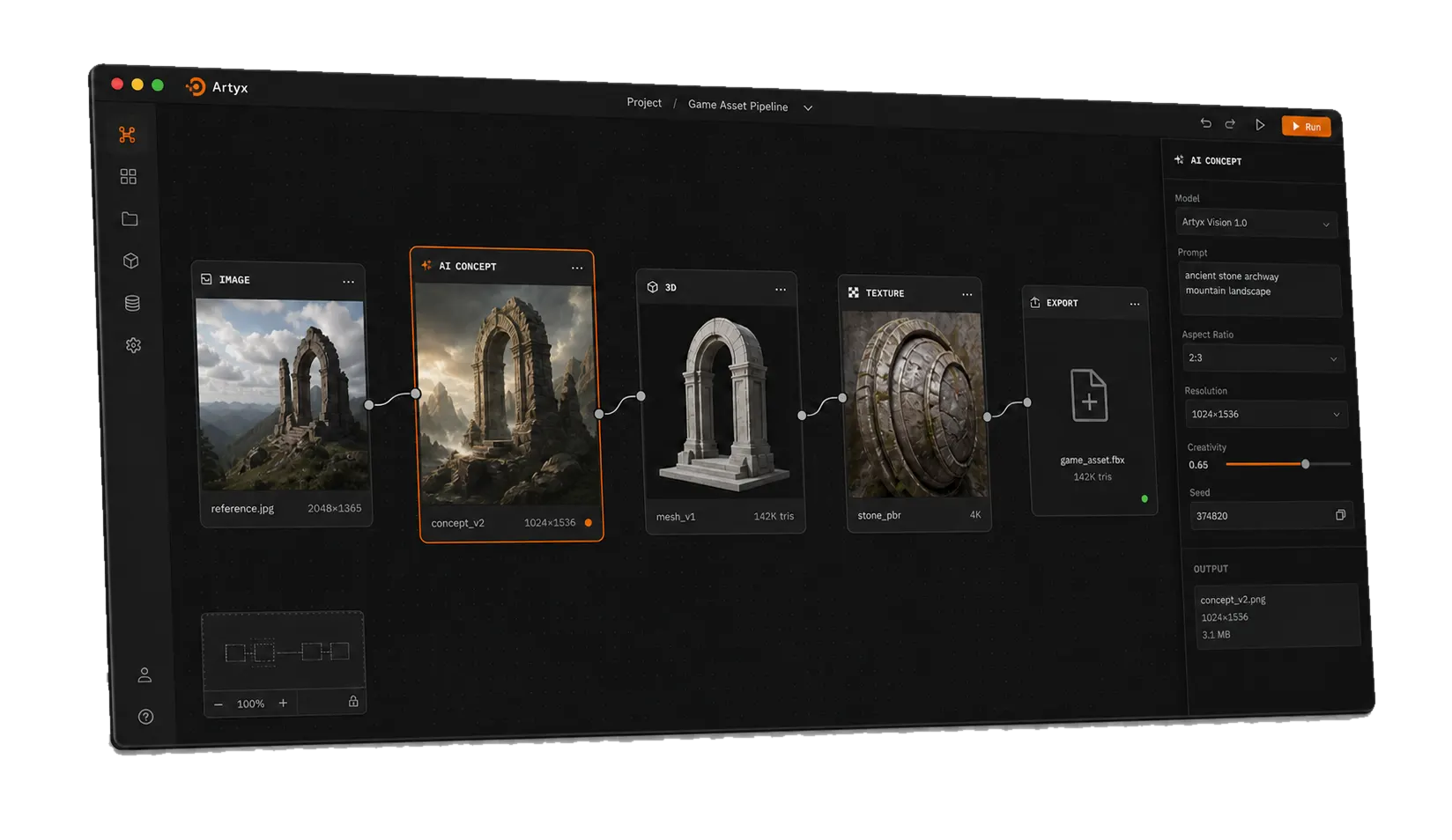 Artyx desktop studio. A node canvas runs Image into AI Concept, 3D, Texture, and Export.