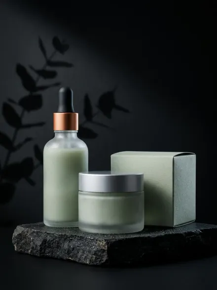 A skincare dropper bottle, jar and carton on a dark stone plinth, a product shot from a brand campaign.