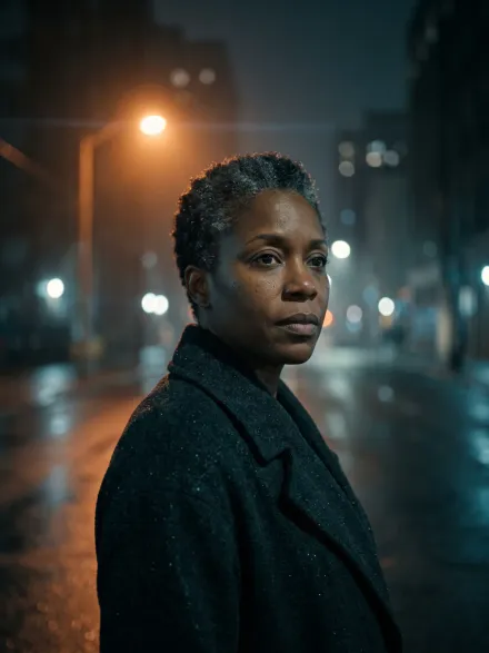 A woman in a dark wool coat on a rainy night street under a warm lamp, a frame from a film.