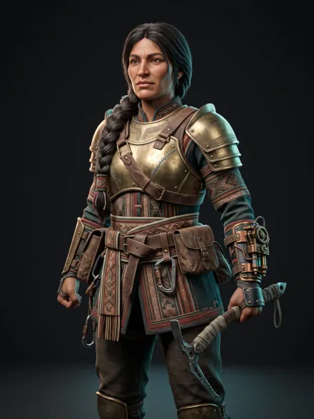 A woman explorer in woven armor with a brass gauntlet and a climbing axe, a game character ready for the engine.