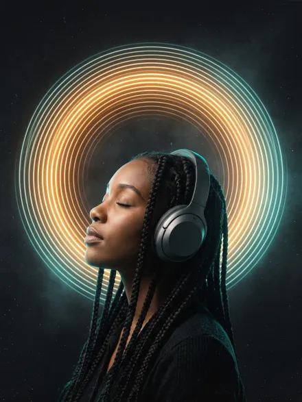 A woman with braids and headphones in profile before a glowing halo of concentric rings, an album cover.