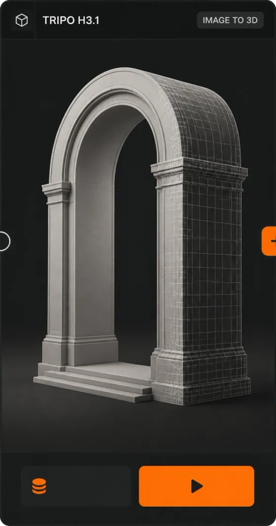 Image to 3D node: a clay and wireframe model of the portal.