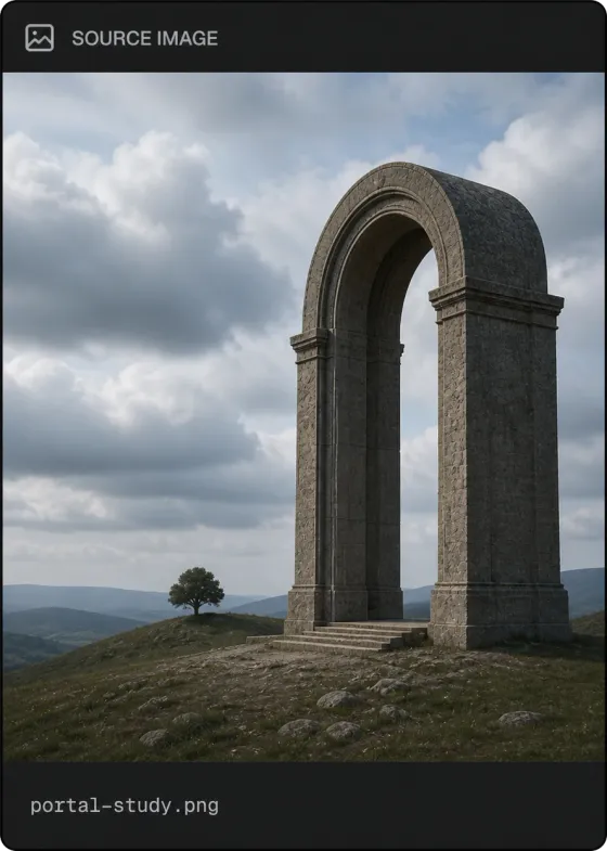 Source Image node: a stone portal on a hill under cloud.