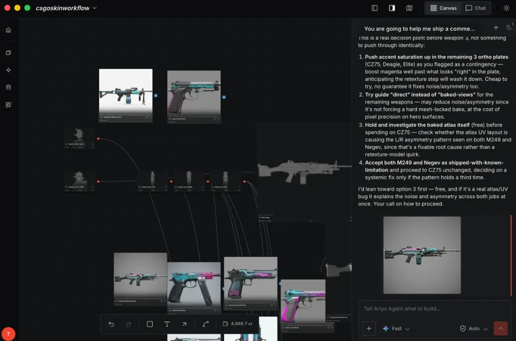 CS-style weapon skin workflow with ortho plates and texture iterations on canvas.